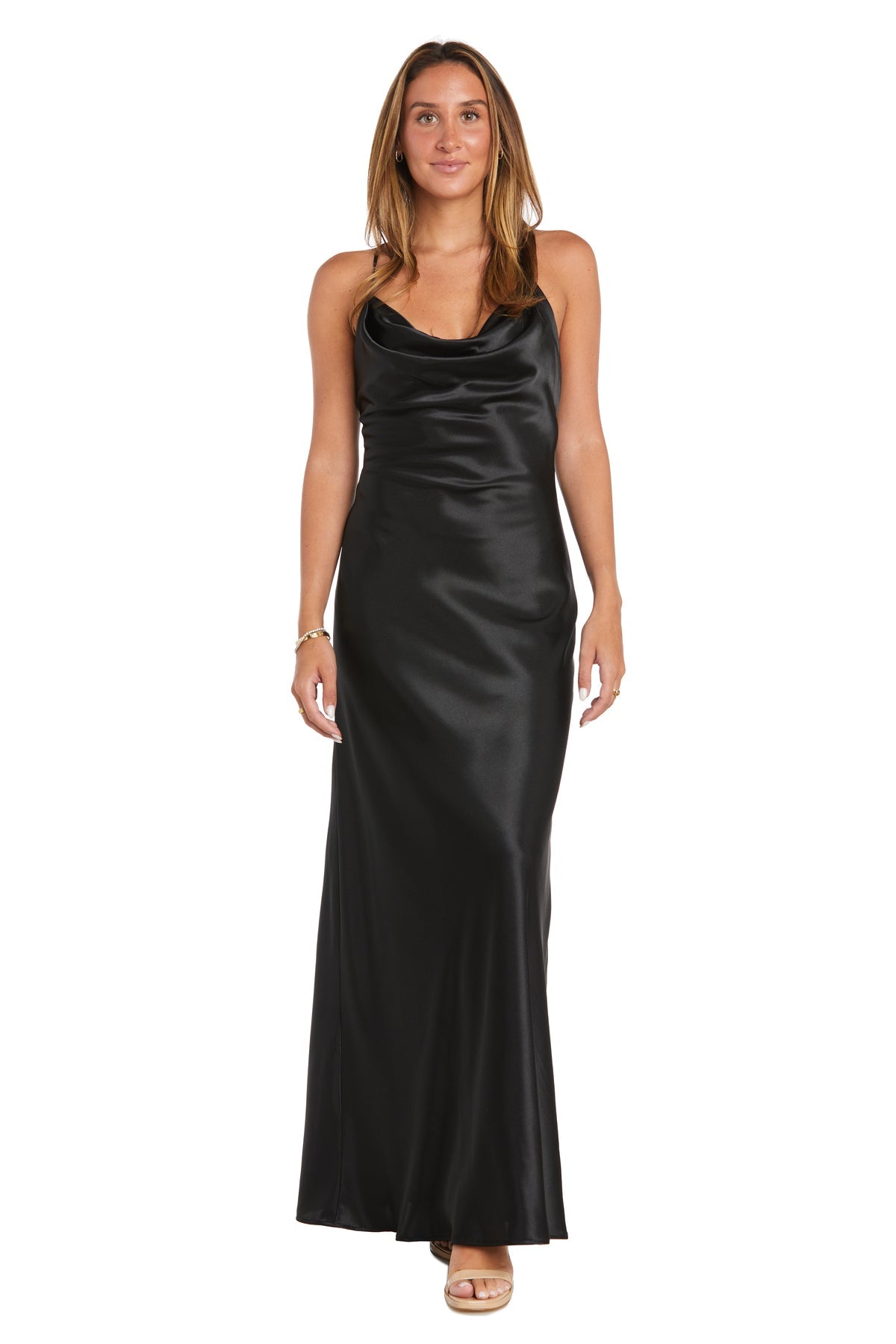 A woman stands facing forward in the Cowl-Neck Long Satin Prom Dress: Morgan 10037N with beige platform shoes, set against a white background.